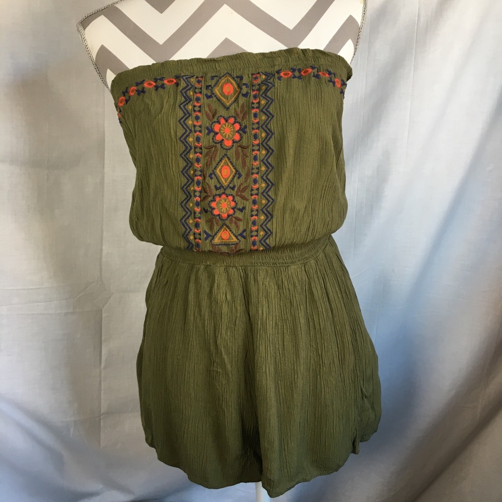 Xhilaration Women's Olive Green Embroidered Strapless/Tube Romper, Sz S